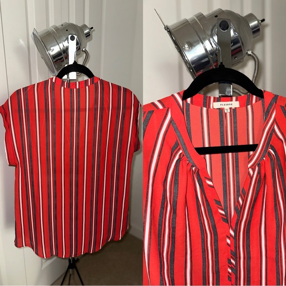 Nordstrom Blouse Pleione Red Grey Stripe detail with Short Sleve like New - Picture 7 of 11